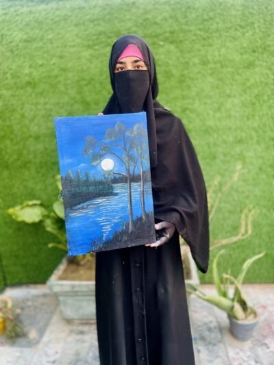 Handmade acrylic painting of a full moon over a blue lake with tall trees